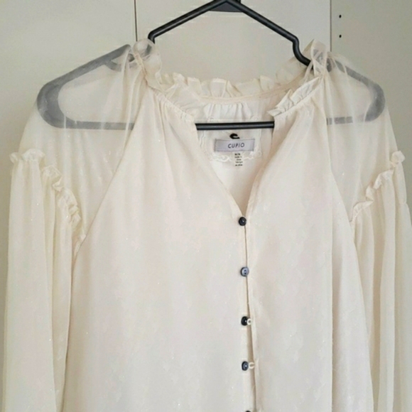 Classic CUPIO off white sparkle lace sheer ruffle long sleeve blouse - Picture 2 of 15